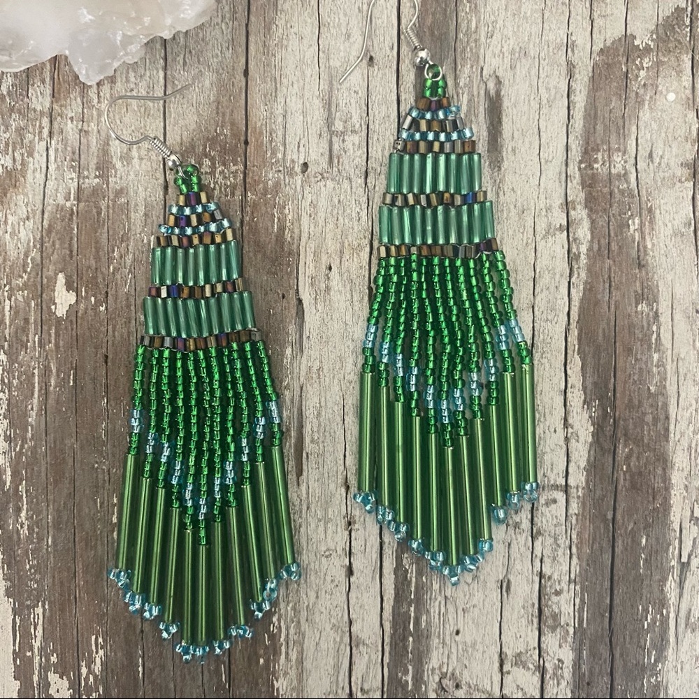 FP Seed Bead Chandelier Earrings in Emerald - Picture 3 of 6